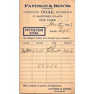 Pattison & Bowns Coal New York 1920's Vintage Postal Mailing Card SPI6
